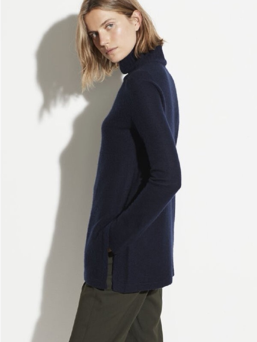 Vince Cashmere Turtleneck Tunic Sweater Side Slit Navy XXS NWT